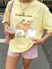 1 Women's Summer T-Shirt With Round Neck And Short Sleeves, Printed With The Phrase "Sleeping Cat" In English, Suitable For Summer, Beach, Street, And Everyday Party Occasions. Y2K Stylish Vacation Top, Casual Summer Outfit, Women's Holiday Clothes - 黃色 - 查看 8