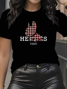 Camiseta de mujer de algodón cuello redondo manga corta casual verano parís diseño viral en México - Negro - Ver 6