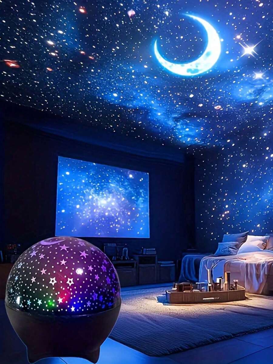 1个黑色星月投影灯，星月投影仪，星月夜灯，星空氛围灯，星月房间投影仪，星月卧室床头氛围灯，星月天花板投影仪，营造梦幻星空氛围，USB供电星月投影仪，适用于房间、卧室、客厅装饰，营造氛围，卧室派对装饰，生日礼物，房间装饰，卧室装饰，灯，灯罩，夜灯，灯光，礼物，卧室照明，派对装饰，卧室用品