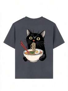 Camiseta de cuello redondo con estampado divertido de gato para niña preadolescente, top de verano - Gris Oscuro - Ver 7