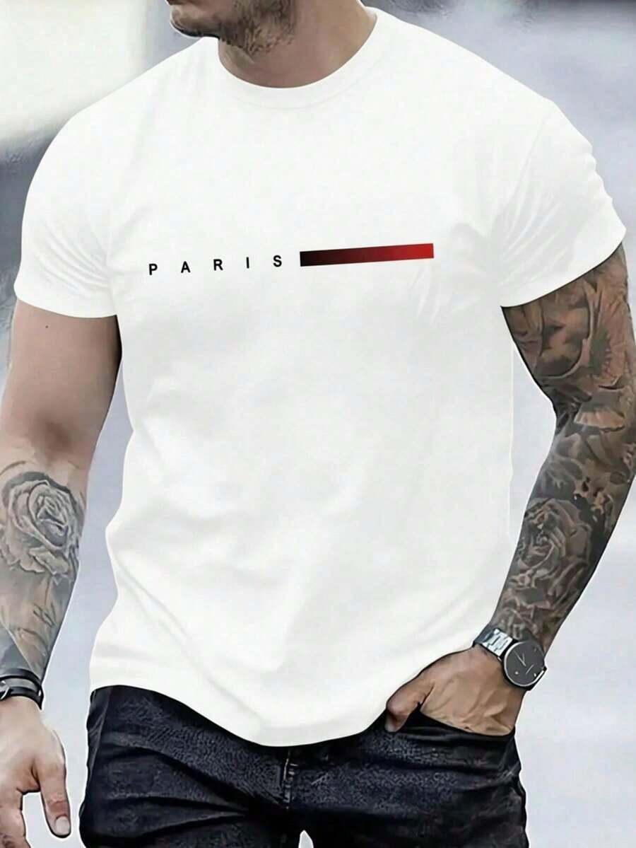 Camiseta casual de manga corta con cuello redondo y estampado de letras para hombre, verano en tela poliester semitransparente ligera RSOW - Blanco - Ver 1