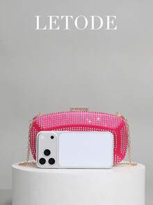 Shiny Rhinestone Hot Pink Clutch Bag, Suitable For Party, Romantic Wedding, Spring/Summer Chain Shoulder Bag, Bridal Bag, Formal Ball Clutch, Elegant Evening Gown Bag, Perfect For Party, Wedding, Ball Dinner, Matches Holiday Party Dress, Evening Gown And Sequin Dress, Perfect Match For Women's Party Dress, Essential For Wedding, Perfect Match For Graduation Dress, Ball Gown And Ball Accessories, Wedding Clutch - Hot Pink - View 9