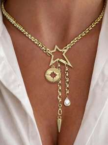 1PC Gold Five Pointed Star Buckle Necklace With Lock, Octagonal Star Pendant, Suitable For Ladies' Exquisite Holiday Party Gifts - Yellow Gold - View 2