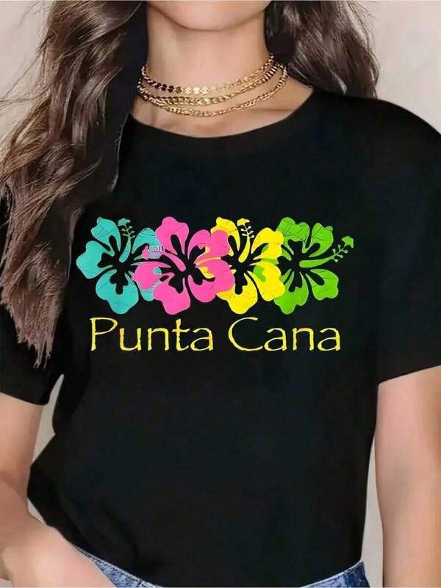 Camiseta con diseño de flor de hibisco tropical de Punta Cana para mujer - Diseño vibrante y colorido, ropa de playa para vacaciones de verano, regalo para amantes de los viajes - Negro - Ver 1