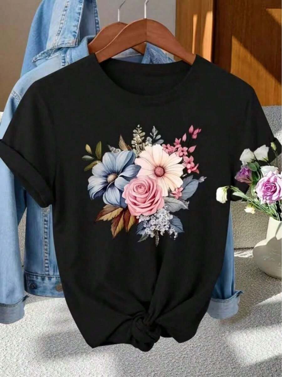 Camiseta de Mujer de Manga Corta con Estampado Gráfico de un Vibrante Arreglo Floral - Negro - Ver 1