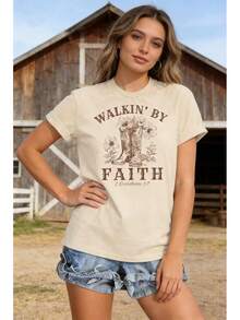 Women's Vintage Floral T-Shirts, Cute Floral Print Tees, Bohemian Wildflower T-Shirts, Casual Short-Sleeved Summer T-Shirts - 杏1 - 查看 4