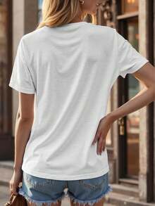 Bonita camiseta con estampado de gato y corazón para mujer, tela de mezcla de algodón suave, camiseta casual de verano holgada para uso diario y más - Beis - Ver 7