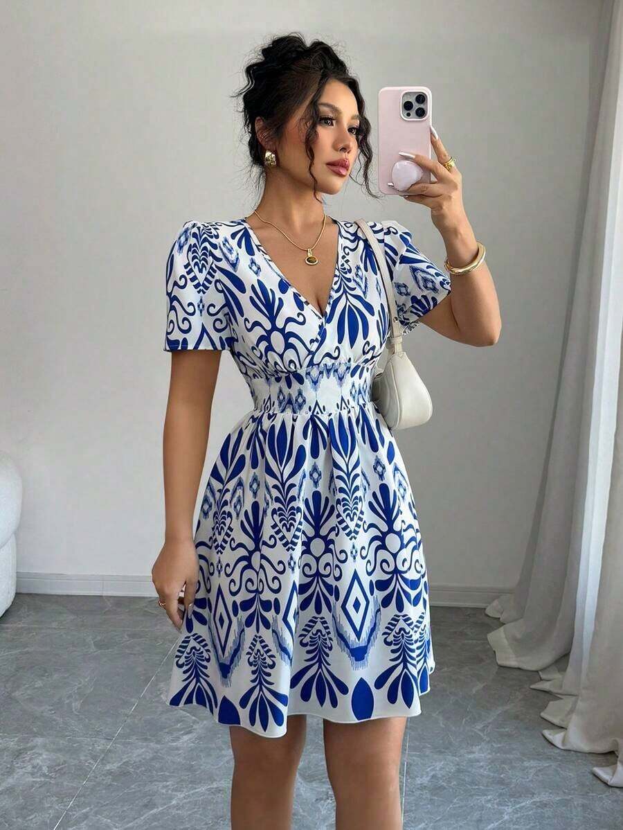 Vestido mini ajustado con fruncido e impresión para mujer - Azul - Ver 1