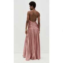 Vestido sin mangas escote halter, pliegues metalizados, abertura lateral, cordón ajustable, espalda descubierta, para mujer - Rosa - Ver 2