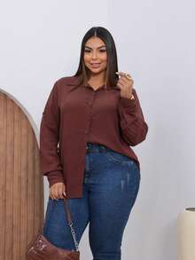 Women's Plus Size Long Sleeve Blouse/Shirt With Simple Collar And Buttons Down The Front - 鏽棕色 - 查看 3