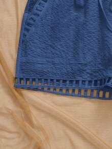 Pantalones cortos casuales sueltos con cintura de corbata a rayas para mujer - Azul lavado oscuro - Ver 6