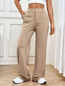Pantalones rectos de traje sólidos para mujer en otoño/invierno - Caqui - Ver 7