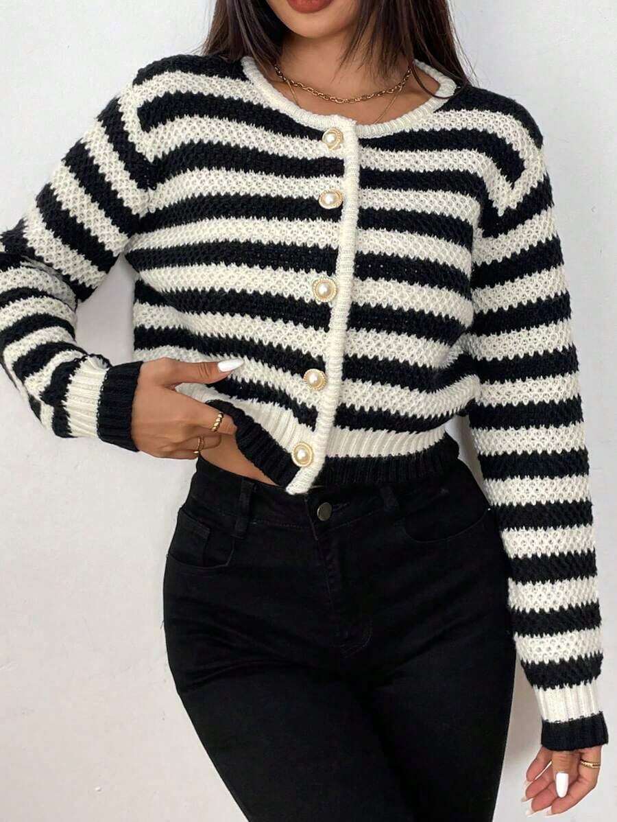 Suéter de mujer tipo cárdigan a rayas de textura versátil y casual - Blanco y Negro - Ver 1