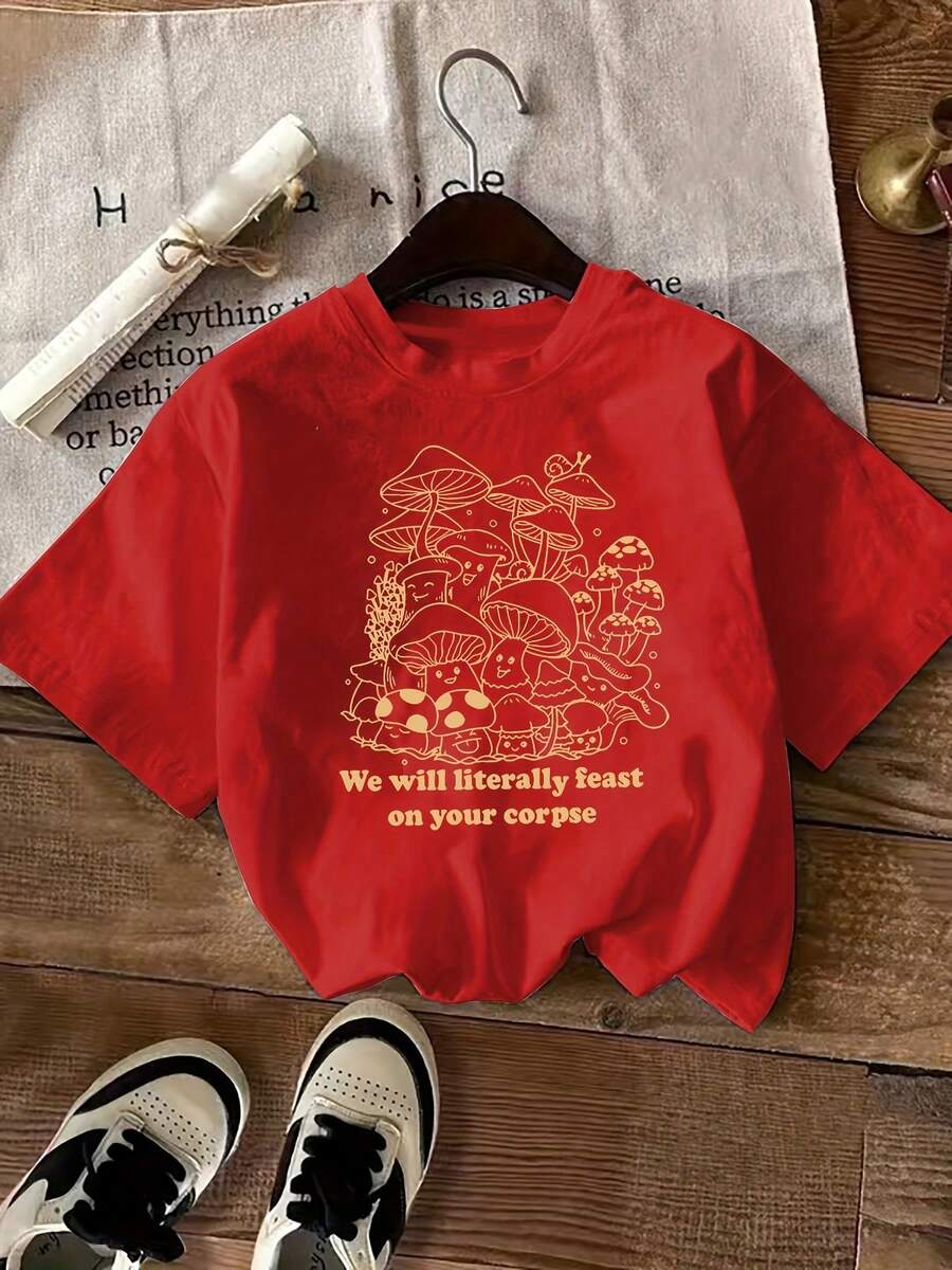 Camiseta Casual de Vacaciones para Mujer con Estampado de Letras, Manga Corta, Cuello Redondo, Top Casual para Verano y Primavera, Ropa de Marca para Mujer - Rojo - Ver 1