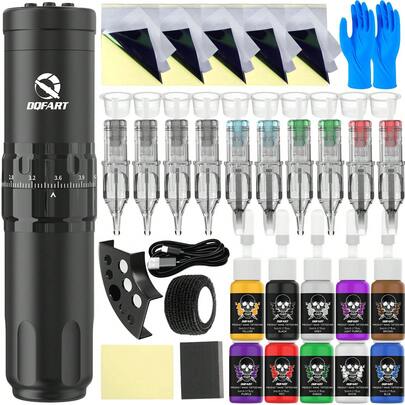 Kit de tatuaje para principiantes DQFART, todo en uno con bolígrafo de tatuaje con batería, incluye bolígrafo de tatuaje rotativo, 10 colores de tinta, 10 agujas de cartucho y cable de carga del bolígrafo de tatuaje, adecuado para práctica de tatuaje, esencial para entusiastas del tatuaje