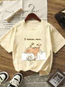 1 Women's Summer T-Shirt With Round Neck And Short Sleeves, Printed With The Phrase "Sleeping Cat" In English, Suitable For Summer, Beach, Street, And Everyday Party Occasions. Y2K Stylish Vacation Top, Casual Summer Outfit, Women's Holiday Clothes - 黃色 - 查看 6
