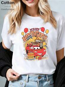 Disney Loose Fit "Cars" Lightning McQueen "IT'S MY BIRTHDAY" Birthday Themed Printed T-Shirt, Suitable For Summer And Spring, Short Sleeved Tops, Women's Clothing, Holiday Gift Party Clothing. - trắng - Xem 1