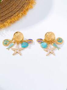 1 par de pendientes con colgante de concha y estrella de mar, adecuados para fiestas, reuniones, uso diario, vacaciones en la playa, regalo versátil para mujeres - Amarillo Oro - Ver 5