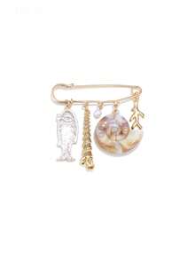 1 Bohemian Ocean‑Style Alloy Brooch With Natural Shells, Faux Pearls, Small Fish And Coral Pendants, Safety Pin Design, Women's Summer Beach Vacation Accessory - Multicolor - View 6