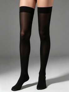 1 Pair Ice Silk Solid Color Transparent Thigh High Socks, Cool And Sun-Protective Long Stockings For Summer, Daily, Party And Casual Wear - Black - View 3