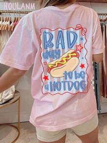 2026 New Fashion,1PC,Women's " Day To Be A Hotdog" Retro Cartoon Graphic T-Shirt |     100% Cotton Breathable Spring Tops, Oversized Short Sleeve Tee, - 粉色 - 查看 4