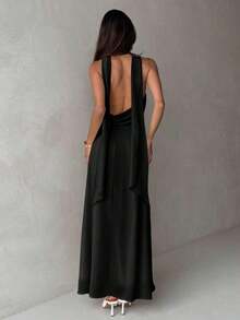 Vestido de mujer con cuello en V, corte evasé, volantes y espalda descubierta en color amarillo - Negro - Ver 3