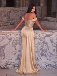 Đầm trễ vai đính sequin thanh lịch, xẻ tà cao, đuôi cá | Đầm dạ hội sang trọng phù hợp cho các bữa tối trang trọng, đám cưới hoặc các bữa tiệc cao cấp, đầm dự tiệc, đầm dự đám cưới. - Rượu sâm banh - Xem 3