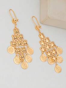 Juego de 3 piezas de joyería de mujer de lujo vintage de alta gama en oro de 18K, collar tipo babero con círculo de moneda antigua y aretes, joyería de boda nupcial de oro falso, para fiesta de vacaciones, cita, uso diario, sesión de fotos, cómodo y ligero, regalo - Dorado - Ver 5