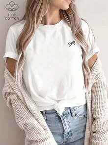 Camisetas manga corta mujer algodón cuello redondo diseño con detalle de lazo de mariposa, contraste de colores blanco y negro, elasticidad media, lavable a máquina, adecuada para primavera y verano, top de manga corta lindo, tela opaca. - Blanco - Ver 6