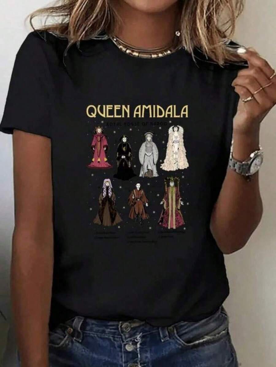 Camisetas unisex modaT Shirt Print ,Graphic-Cotton Tees Size Plus,Casual Queen Amidala Print Short Sleeve Round Neck T-Shirt For Women ,Y2K,Oversized Shirt,Camisetas infantiles con dibujos animados, camisetas de cuello redondo, camisas, camisetas gráficas divertidas para hombre, camisetas con estampados de anime japonés. - Negro - Ver 1