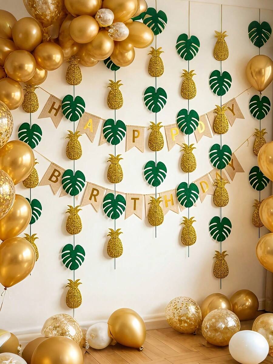 1Set Hawaiian Pineapple Palm Leaves Hanging Gardland,Summer Paper Tropical Leaf Monstera Leaves Decorations,Theme Party Supplies,Suitable For Beach,Pool,Outdoor,Wedding,Birthday,Vocations,For Home,Yards,Bedroom Decor - A - View 1