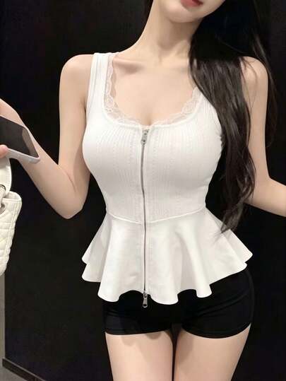 2026 Summer New Pure Desire White Lace Camisole Top, Girlish Chic Fitted Ribbed Knit Cami Layering Piece, Back To School Music Festival Sweater Set, Sweet Sexy Vibe Outfit, Valentine's Day Date Look