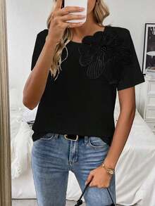 Camiseta de manga corta con apliques florales para mujer, camisetas gráficas para verano - Negro - Ver 6