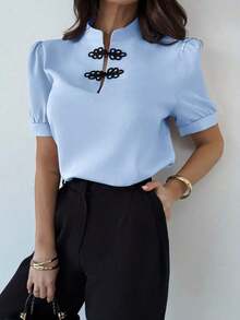 Nueva camisa elegante y romántica de botones con mangas abullonadas y contraste de colores para mujer, para primavera/verano - Azul - Ver 1