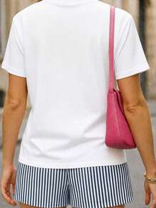 Conjunto de dos piezas, playera y short, playera estampada con diseño, short corto de rayas, adecuado para vacaciones en la playa, verano, vacaciones, viaje, para temporada de calor - 2 Playera Blanca Langosta con Short Rayas Azul Marino con Blanco - Ver 2