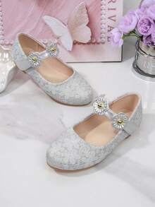 Zapatos planos de niña con diseño de flor de malla y cristales, versátiles y de alta gama para fiesta, boda y baile - Plateado - Ver 14