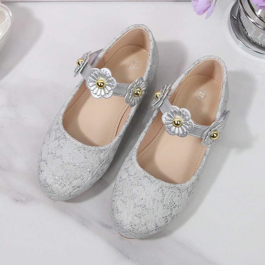 Zapatos planos de niña con diseño de flor de malla y cristales, versátiles y de alta gama para fiesta, boda y baile - Plateado - Ver 1