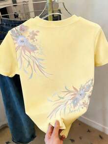 Camiseta de manga corta con estampado floral degradado casual, verano - Multicolor 2 - Ver 2