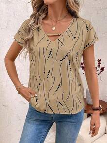 Blusa de mujer con detalles de rayas de contraste y calados, top de manga corta - Caqui - Ver 3