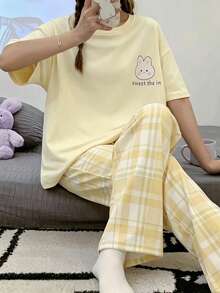 Teen GirlSummer Short Sleeve & Pants Set, Crew Neck Cartoon Rabbit Print Outfit - Yellow - View 3