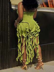 Plus Size Green Strapless Ruffle Asymmetrical Long Dress For Women Chic Party & Night Club Wear - Green - View 6