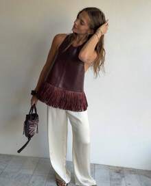 Womens Tassel Halter Tank Tops Summer Fashionable Solid Color Backless Faux Leather Vest - 棕色 - 查看 7
