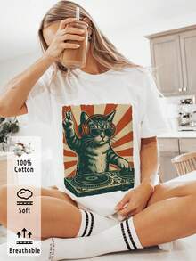 Camiseta de verano casual para mujer, estilo vintage con estampado de gato giratorio, cuello redondo, manga corta [Ling K] - Blanco - Ver 1