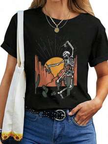 Camiseta Casual para Mujer con Diseño de Vaquera, Vaquero, Esqueleto, Baile, Estilo Western y Cactus. - Negro - Ver 7