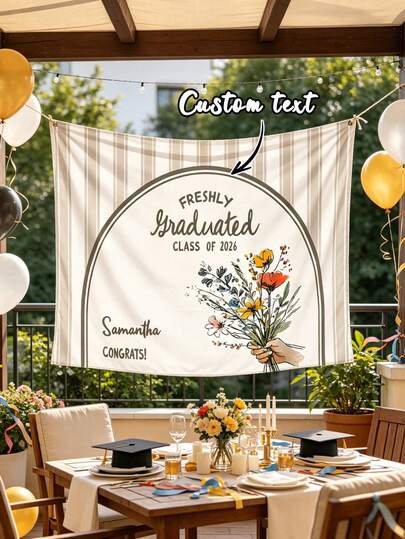 Customized Graduation Hanging Curtain, Can Customize Name & Year, Hand-Painted Floral Bouquet Striped Party Decor Hanging Cloth, Personalized Graduation Commemorative Hanging Curtain