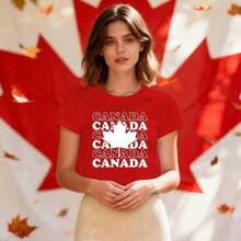 Women's Casual Cotton T-Shirt With Canadian Flag And Heart Print, Short Sleeve, Round Neck, Drop Shoulder, Cute Summer Garment With Slightly Stretchy Fabric - 紅色4 - 查看 3