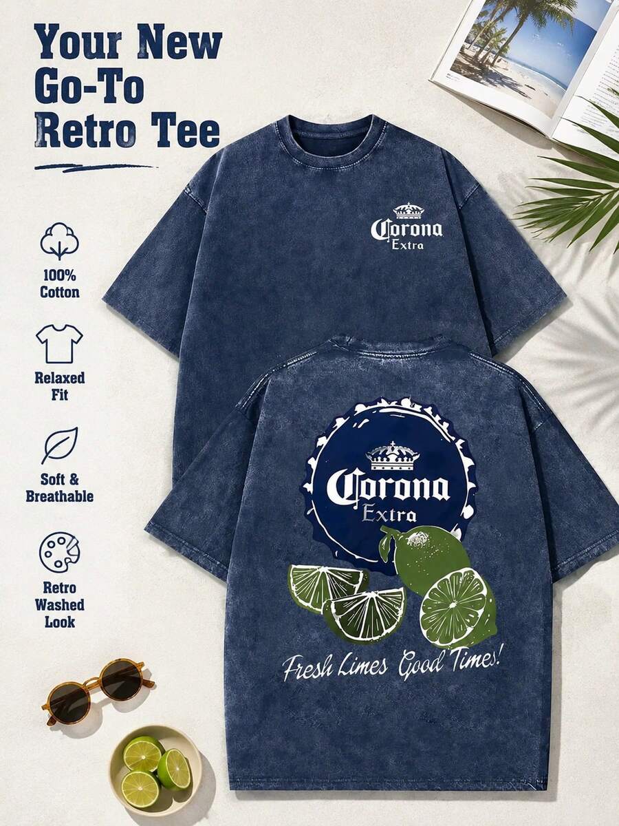 The New American-Style 100% Pure Cotton T-Shirt Suitable For Both Men And Women. Fun And Retro Premium Beer, Fresh Lime, A Perfect Moment! Cartoon Letter Pattern Printing. Street Korean-Style Loose And Versatile Y2k Clothing, Abstract Art Style, Retro Washed Pure Cotton Round-Neck T-Shirt, Double-Sided Retro Distressed Patterns. 90s Nostalgic American Street Style. Easily Create Retro Casual Clothing. Suitable For Daily Commuting, Casual Outings, Beach Vacations, Music Festivals, Holiday Gifts. Classic Retro-Style Women's Clothing. Four-Season Universal Comfortable T-Shirts For Both Men And Women. Printed T-Shirts For Men And Women. - Màu xanh lam - Xem 1