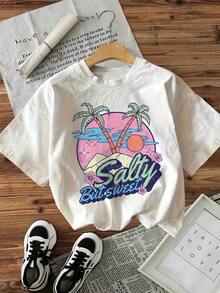 Camiseta de manga corta con cuello redondo y estampado de cocotero con la frase "Salty But Sweet", funda para iPhone 17 Pro, talla grande, ropa de algodón para mujer, top para mujer, tops bonitos, ropa de verano para mujer, top de mujer, ropa de verano para mujer, 100% algodón, ropa bonita, tops casuales, estilos de Pascua, ropa de Pascua para mujer, ropa de Pascua para mujer, ropa elegante para mujer, transpirable y cómoda. - Blanco - Ver 11