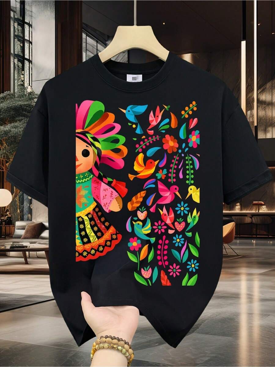 Men's 100% Cotton T-Shirt - Short Sleeve, Round Neck, Digital Print, Comfortable For All Seasons, Machine Washable, Ideal For Daily Outings, Circular Design, Casual Summer T-Shirt With Mexican Style Floral Bird Print, Colorful, Loose, Casual And Versatile. - 黑色 - 查看 1