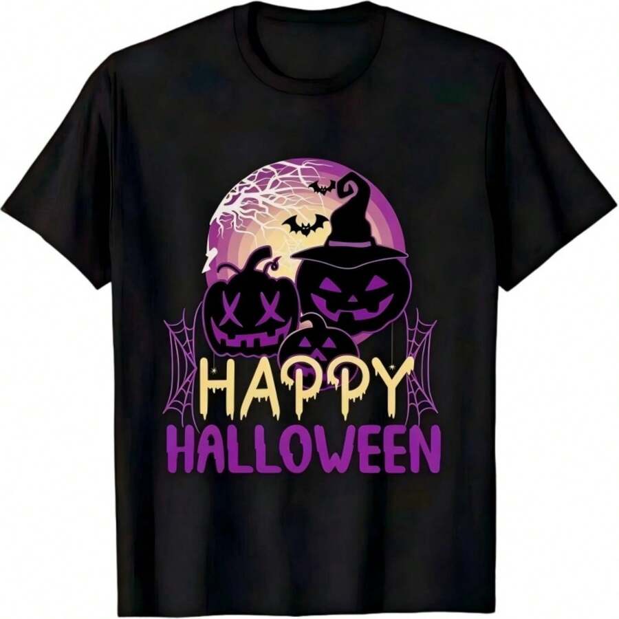 Womens Casual Cotton Halloween Print Short Sleeve Round Neck Regular T-Shirt - Negro - Ver 1